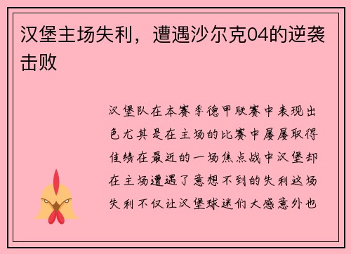 汉堡主场失利，遭遇沙尔克04的逆袭击败